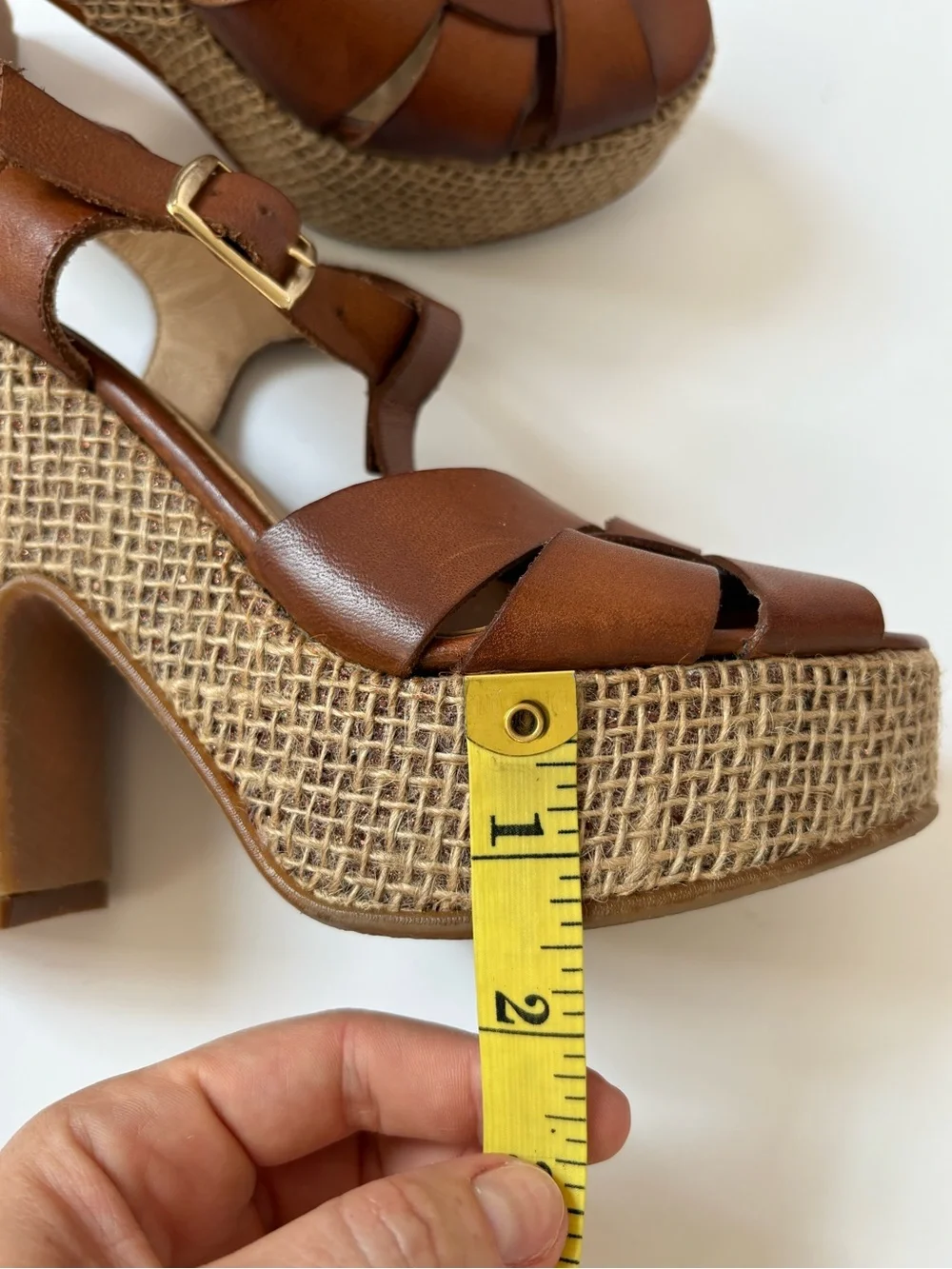 Anthropologie Brown Leather Woven Platform Sandals 7 T-Strap Preppy Academia